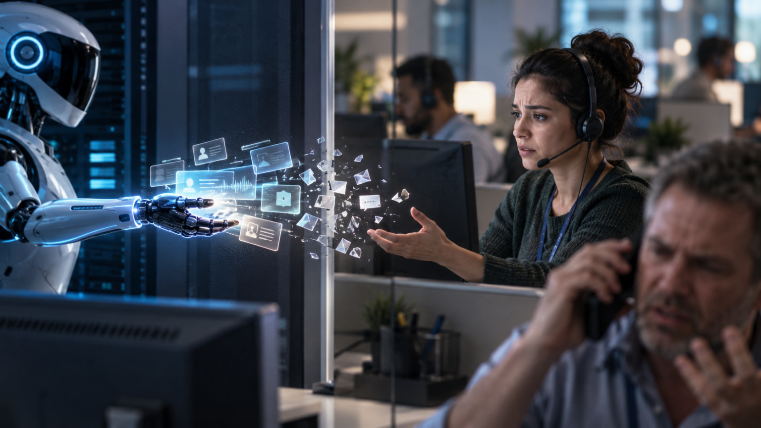 Contact center AI handoff showing customer context transferring from an AI agent to a human agent