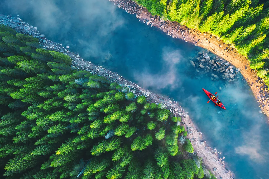 aerial via of kayak in a river